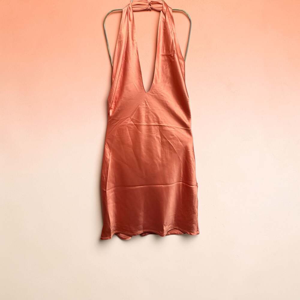 Lulus Zimri Bronze Satin Halter Backless Mini Dress